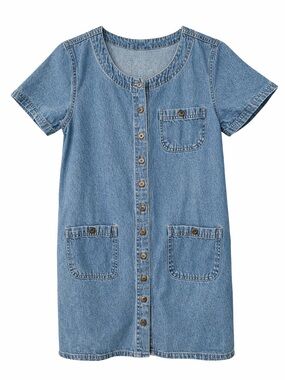 Denim Button-Front Short Sleeve Dress - Blue